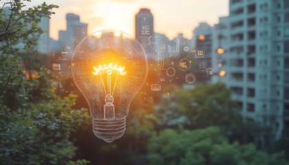 Hand-drawn sketch: lightbulb over city skyline, symbolizing innovation and urban development.