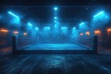 Modern boxing ring with dramatic lighting and cinematic perspective
