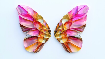 Fototapete - Abstract butterfly wings made of vibrant, overlapping shapes in shades of pink, orange, and gold, spreading open on a clean white background.