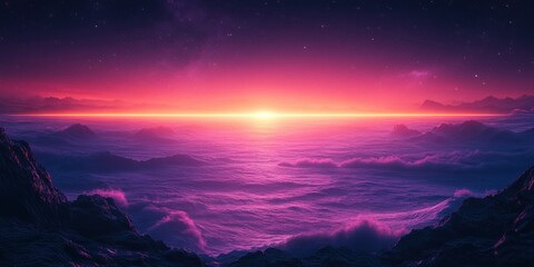 alien night desert landscape with glowing neon purple horizon starry sky futuristic minimalist sci f