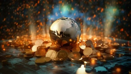Poster - Global Finance: A symbolic representation of global finance, with a metallic globe surrounded by a shower of gold coins, signifying wealth, investment, and the interconnectedness of the world economy.