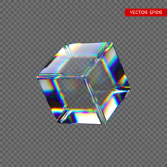 Poster - 3d transparent glossy cube with dispersion effect. Rainbow colors reflection glass. Vector illustration.