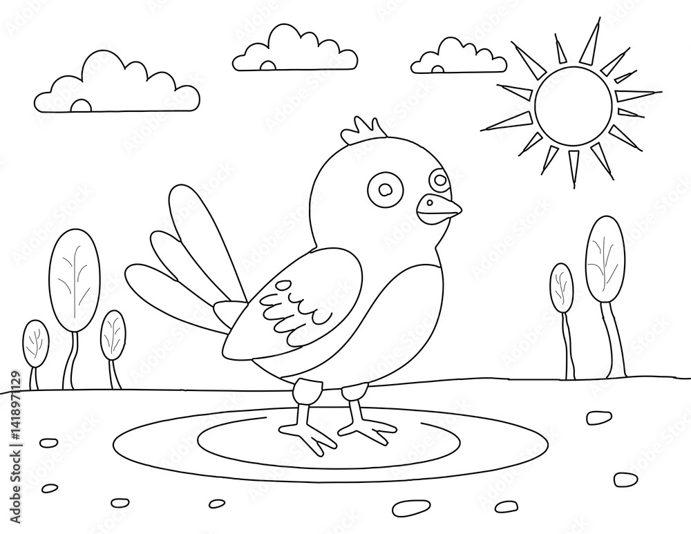 Ilustración de Stock Easy bird, tree, and sun colouring page for kids ...