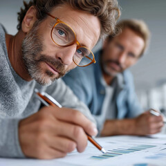 Poster - Focused partners diligently review e-commerce performance data together, examining trends and insights in a contemporary office setting