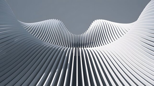 Abstract Wave-Like Structure with Vertical Slats on Gray Background