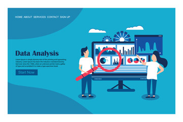 Poster - Data analysis group landing page template. Team of statistical analysts or businesspeople analyzing statistical
