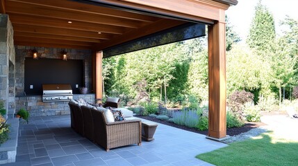 Poster - Covered patio with motorized roller blinds neatly housed under the roof edge for streamlined sun protection