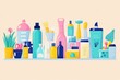 © Danang - Colorful bottles, containers, and beauty supplies organized on a shelf with plants.