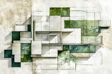 Poster - Abstract architectural design illustration featuring geometric shapes, muted greens and off whites, textured background, and a blend of watercolor and blueprint styles. The composition suggests a
