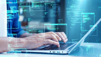 Poster - Close-up of hands typing on a laptop with holographic code and digital data interface overlays, symbolizing software development and coding.