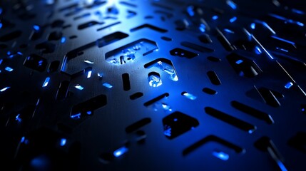 Poster - Abstract close up of a dark metallic surface with a geometric pattern. Blue glowing light illuminates the intricate design, creating depth and shadows. The texture appears smooth with cut out