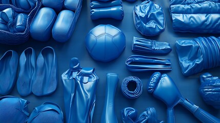Poster - Overhead shot of various blue, abstract, distorted, and textured objects arranged on a dark blue background. The items resemble sports equipment and clothing, with a range of forms and textures.  The