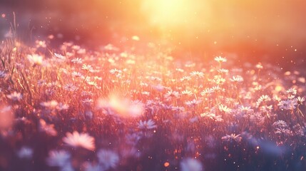 magical wildflower field moving in the wind with beautiful sunlight, white daisy meadow in sunset li