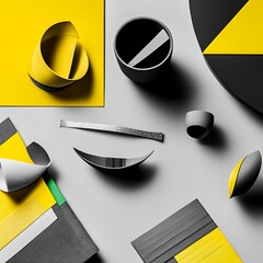Poster - Abstract composition featuring yellow and gray geometric shapes, cylinders, and curved forms arranged on a light gray background. The image has a minimalist and modern aesthetic, with strong shadows