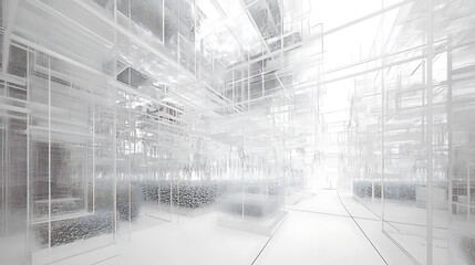 Poster - Abstract grayscale image depicting a complex network of interconnected structures, resembling a futuristic city or industrial setting. The perspective is from within the structure, emphasizing depth