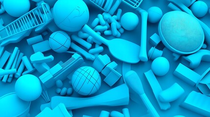 Poster - Abstract background of various light blue sports equipment and balls. 3D rendered, minimalist design with a monochromatic color scheme.  Geometric shapes and textures are prominent.  The image is