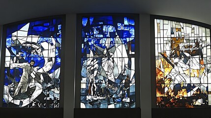 Poster - Triptych of abstract stained glass artwork depicting scenes of earth, water, and fire. Blue, white, and orange hues dominate the panels, showing stylized figures and forms. The style is modern and