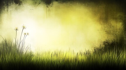 Poster - Abstract landscape illustration featuring a yellow and green color palette. The image depicts a field of grass illuminated by a bright light source, creating a soft, dreamy atmosphere. Darker edges