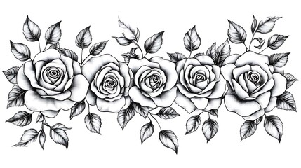 Poster - Black and white illustration of four roses and leaves arranged horizontally. Detailed drawing with shading and texture