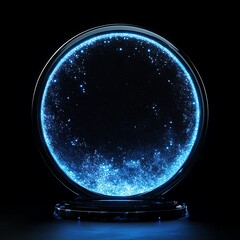 Poster - Abstract image of a glowing blue circular portal or sphere on a dark background. The sphere is filled with small particles of light, creating a sparkling effect. The sphere is resting on a shiny
