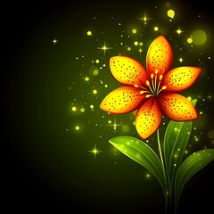 Poster - Orange lily with green leaves against a dark green background, surrounded by golden sparkles and bokeh lights. The image is digitally enhanced with a magical, mystical effect