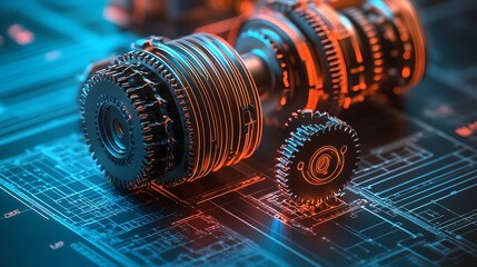 Poster - Close up view of metallic gears and cogs resting on a circuit board. The gears are illuminated with vibrant orange and blue light, creating a dramatic contrast against the dark background.  The image
