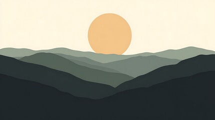 Poster - Digital illustration of a minimalist landscape featuring a large, pale orange sun setting behind a range of dark green and gray mountains. The style is simplistic and geometric, with subtle shading