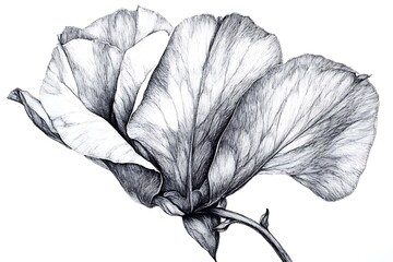 Poster - Monochromatic close up of a single flower with detailed stippling, showcasing delicate petals and a thin stem against a stark white background. The grayscale image emphasizes texture and form