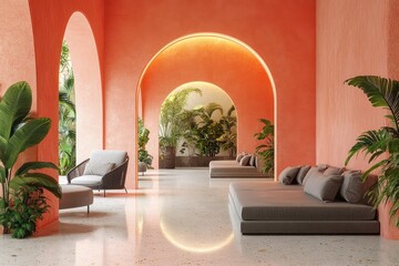 Aufkleber - Modern Mediterranean interior with pastel coral and pink arches sofa armchairs terrazzo floor and green plants bright natural light symmetrical minimal furniture