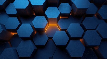 Fototapete - Abstract 3D Hexagonal Dark Blue Geometric Background with Metallic and Matte Textures Sci Fi Minimalist Architecture