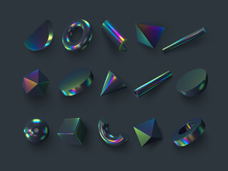 Poster - Set of 3d render primitives. Realistic 3d sphere, torus, cone, cube, tube. Glossy holographic geometric shapes isolated on dark background. Iridescent trendy design, thin film effect. Vector.