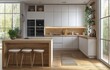 © zhuan - Minimalist modern kitchen with white cabinetry and wooden countertops in Scandinavian style with soft natural light and warm inviting atmosphere