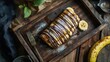 © พงษ์ศักดิ์ อ่อนพฤกษ์ - A beautifully plated banana roti, topped with chocolate drizzle, placed on a rustic wooden tray with a fork, fresh banana slices, and a dusting of powdered sugar.