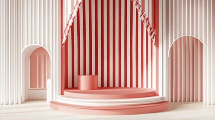 Fototapete - Clean promotional booth mockup featuring red and white striped shade, vertical shelves, and a round podium centerpiece