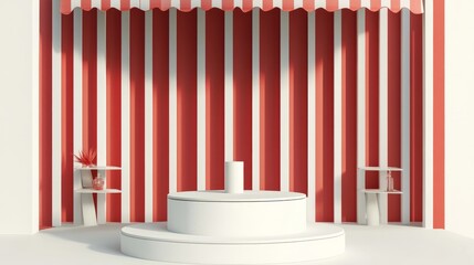 Fototapete - Clean promotional booth mockup featuring red and white striped shade, vertical shelves, and a round podium centerpiece