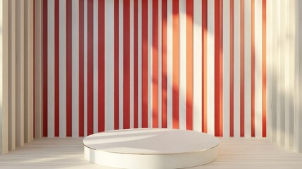 Fototapete - Clean promotional booth mockup featuring red and white striped shade, vertical shelves, and a round podium centerpiece