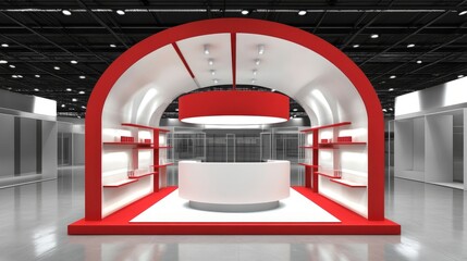 Leinwandbilder - Eye-catching exhibition booth with red and white awning, open shelves, and a center round podium, ready for branding or events