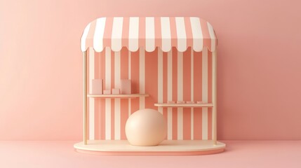Fototapete - Open concept booth mockup with striped canopy and round pedestal up front, perfect for showcasing featured items