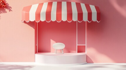 Poster - Showcase display mockup with red and white awning and a round podium placed in front for sampling or spotlight moments