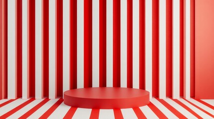 Leinwandbilder - Vibrant mockup of a red and white striped exhibition shelf with circular podium, set up for a festive promotional event