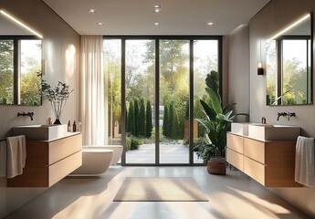 Poster - Modern minimalist bathroom with wooden cabinets and natural light in Scandinavian eco style