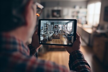 Architect Holding Tablet with Augmented Reality Interface Displaying Interior Design in Blurred Background Scene