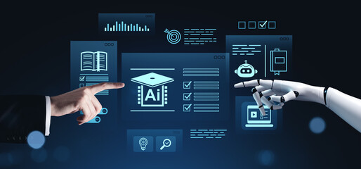 Poster - Human and robot hands interacting with AI education interface on digital screen.