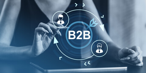 Aufkleber - Businesswoman interacting with B2B network interface on digital tablet with creative blue background and futuristic communication concept..