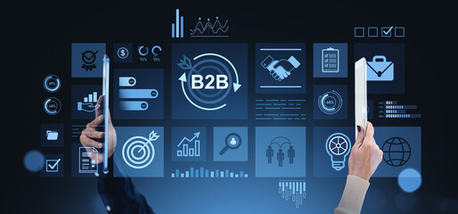 Poster - Business people using digital tablets with B2B marketing technology interface icons.