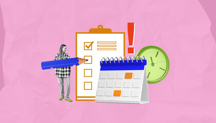 Poster - Creative collage of checklist, calendar, clock and woman holding