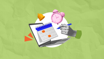 Poster - Creative collage of laptop, calendar, hand with pen, clock, and bell on crumpled green background symbolizing time management and planning concept.