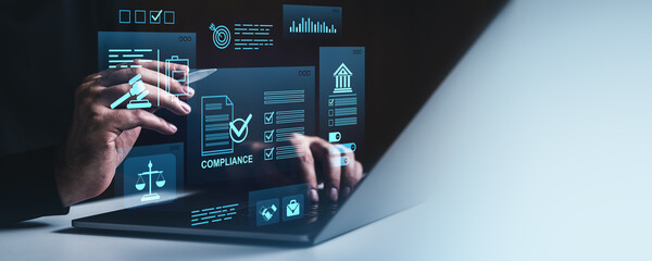 Poster - Digital compliance interface with futuristic legal icons and analytics on a creative transparent screen background in a modern corporate setting.