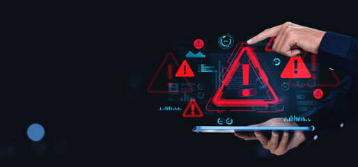 Poster - Cybersecurity alert symbols on digital tablet interface with warning icons and hand interaction on futuristic creative background interface screen.