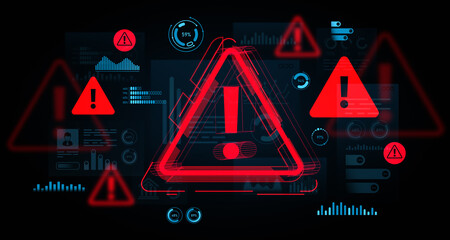Poster - 3D warning alert symbols with exclamation marks over futuristic digital dashboard interface, representing cybersecurity threat concept. 3D Rendering